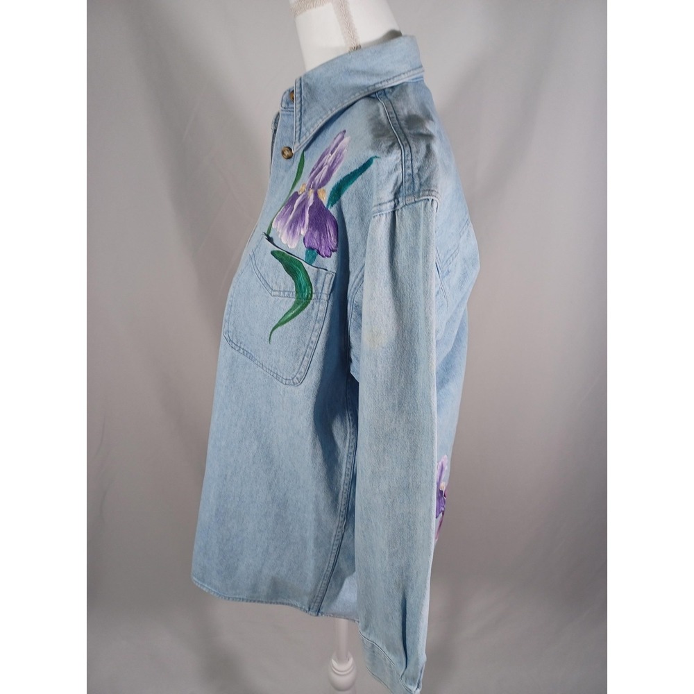 Sun Belt Denim Shirt Womens Small Blue Hand Painted Iris Floral Button Up - Picture 3 of 6
